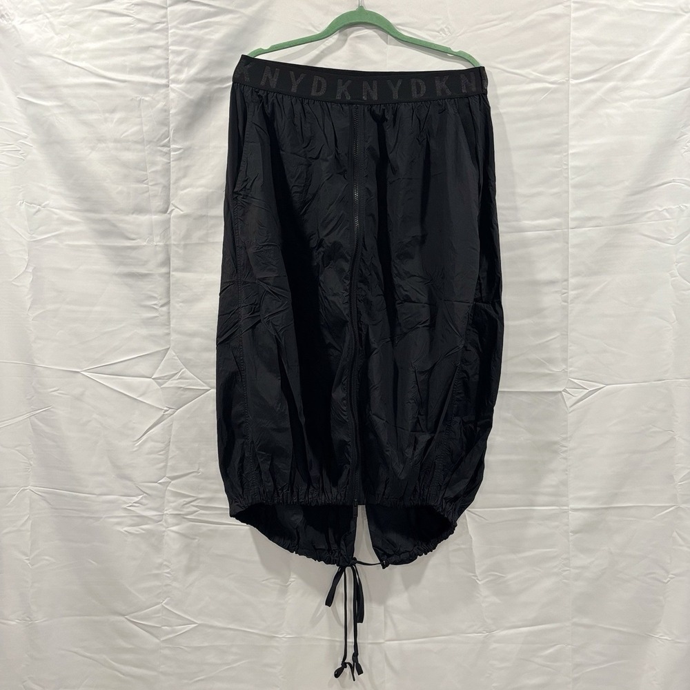 DKNY Parachute Crinkle Skirt Black Y2K Midi Bubble Zip Front Nylon Womens Large